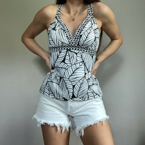 None Other - Black White Leaf Print Tankini Modest Top
